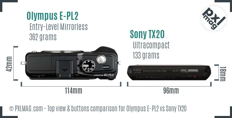 Olympus E-PL2 vs Sony TX20 top view buttons comparison