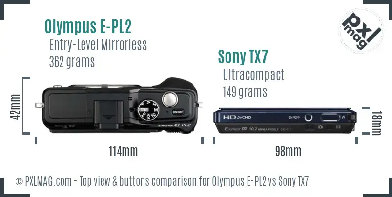 Olympus E-PL2 vs Sony TX7 top view buttons comparison