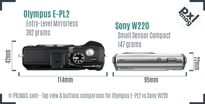 Olympus E-PL2 vs Sony W220 top view buttons comparison