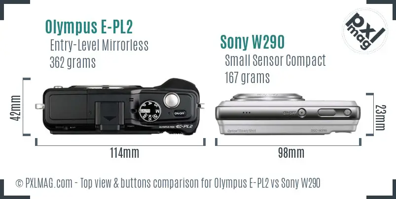 Olympus E-PL2 vs Sony W290 top view buttons comparison
