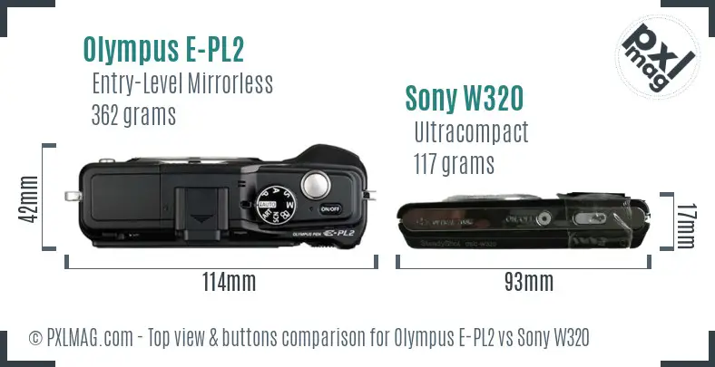Olympus E-PL2 vs Sony W320 top view buttons comparison Olympus E-PL2 vs Sony W320 top view buttons comparison