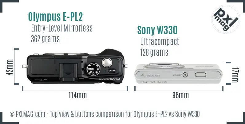 Olympus E-PL2 vs Sony W330 top view buttons comparison