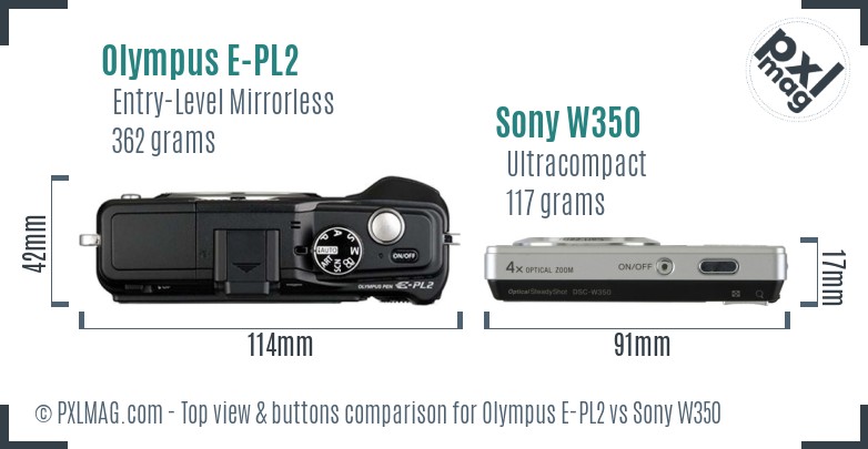 Olympus E-PL2 vs Sony W350 top view buttons comparison