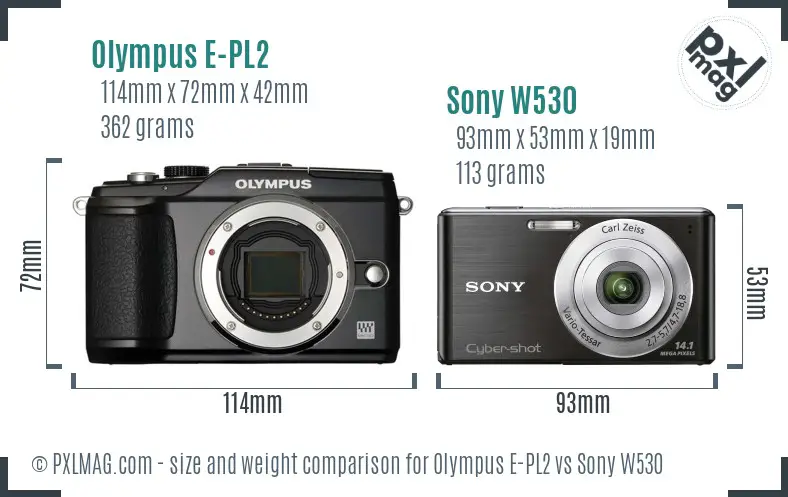 Olympus E-PL2 vs Sony W530 size comparison