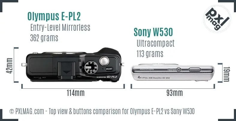 Olympus E-PL2 vs Sony W530 top view buttons comparison