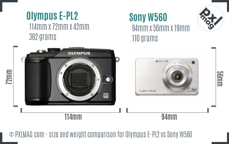 Olympus E-PL2 vs Sony W560 size comparison
