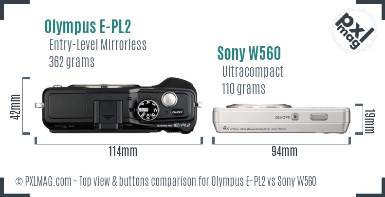 Olympus E-PL2 vs Sony W560 top view buttons comparison