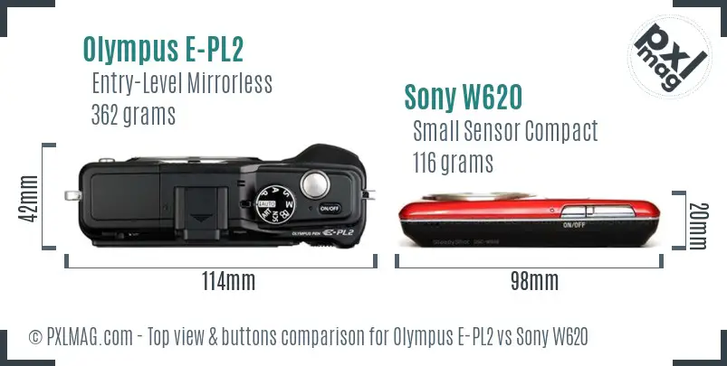 Olympus E-PL2 vs Sony W620 top view buttons comparison