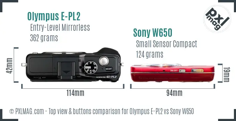 Olympus E-PL2 vs Sony W650 top view buttons comparison Olympus E-PL2 vs Sony W650 top view buttons comparison