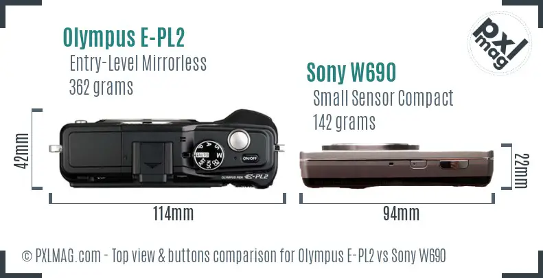 Olympus E-PL2 vs Sony W690 top view buttons comparison Olympus E-PL2 vs Sony W690 top view buttons comparison