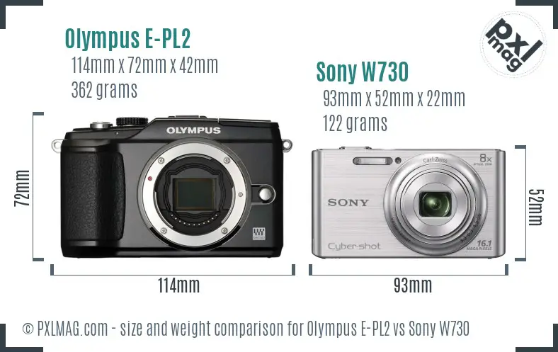 Olympus E-PL2 vs Sony W730 size comparison