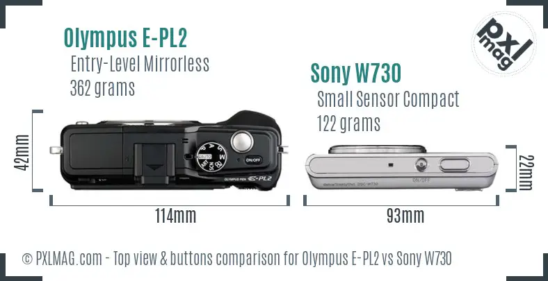 Olympus E-PL2 vs Sony W730 top view buttons comparison