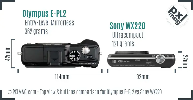 Olympus E-PL2 vs Sony WX220 top view buttons comparison