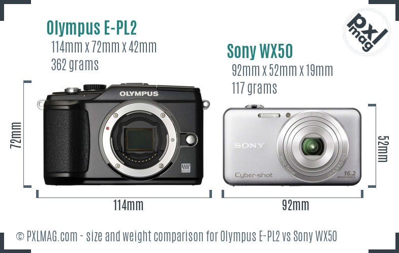 Olympus E-PL2 vs Sony WX50 size comparison