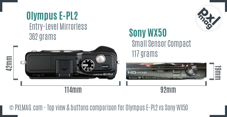 Olympus E-PL2 vs Sony WX50 top view buttons comparison