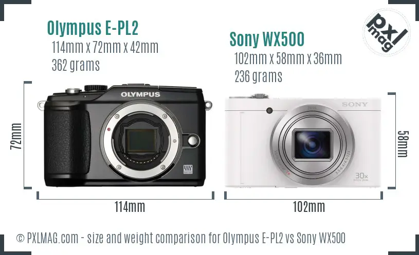 Olympus E-PL2 vs Sony WX500 size comparison Olympus E-PL2 vs Sony WX500 size comparison