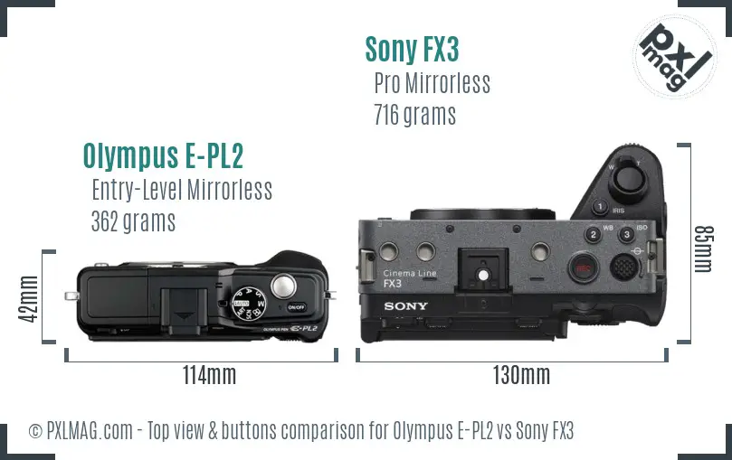 Olympus E-PL2 vs Sony FX3 top view buttons comparison