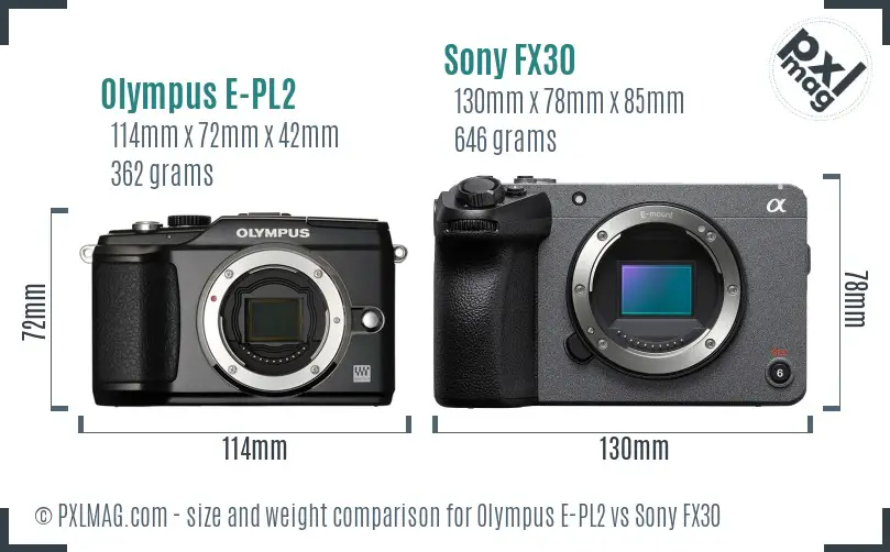 Olympus E-PL2 vs Sony FX30 size comparison