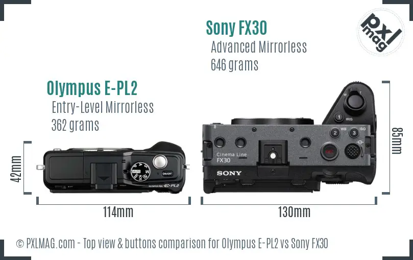 Olympus E-PL2 vs Sony FX30 top view buttons comparison