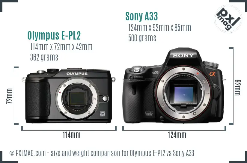 Olympus E-PL2 vs Sony A33 size comparison Olympus E-PL2 vs Sony A33 size comparison