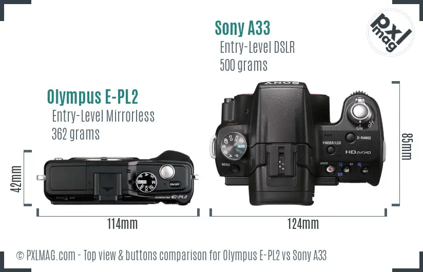 Olympus E-PL2 vs Sony A33 top view buttons comparison