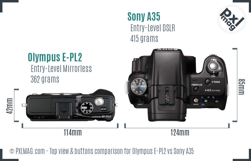 Olympus E-PL2 vs Sony A35 top view buttons comparison