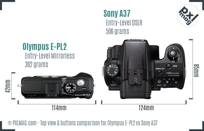 Olympus E-PL2 vs Sony A37 top view buttons comparison