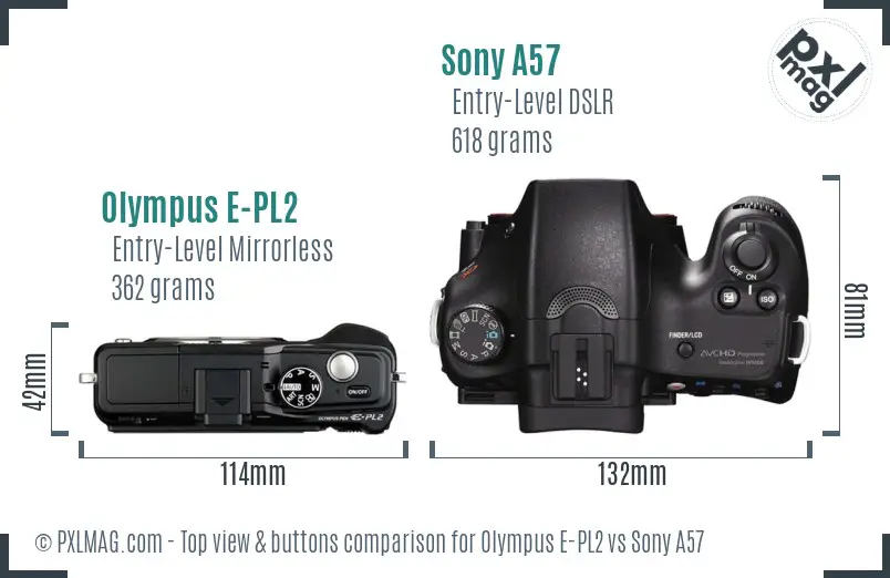 Olympus E-PL2 vs Sony A57 top view buttons comparison