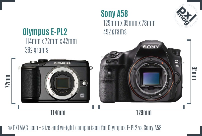 Olympus E-PL2 vs Sony A58 size comparison Olympus E-PL2 vs Sony A58 size comparison