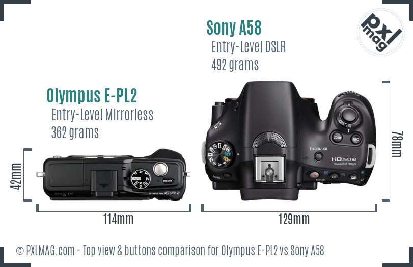 Olympus E-PL2 vs Sony A58 top view buttons comparison