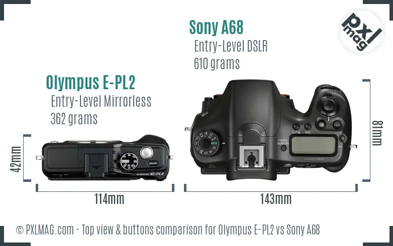 Olympus E-PL2 vs Sony A68 top view buttons comparison