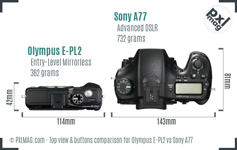 Olympus E-PL2 vs Sony A77 top view buttons comparison