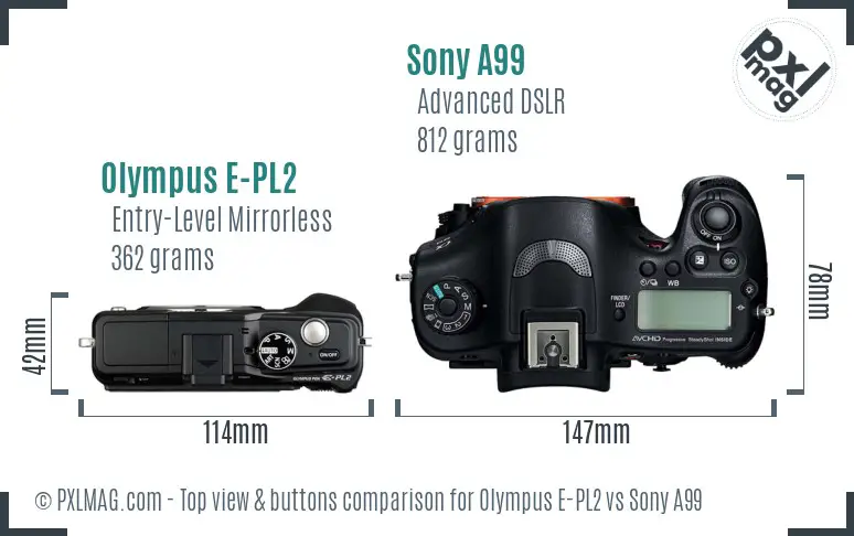 Olympus E-PL2 vs Sony A99 top view buttons comparison Olympus E-PL2 vs Sony A99 top view buttons comparison