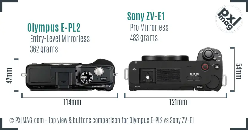 Olympus E-PL2 vs Sony ZV-E1 top view buttons comparison Olympus E-PL2 vs Sony ZV-E1 top view buttons comparison