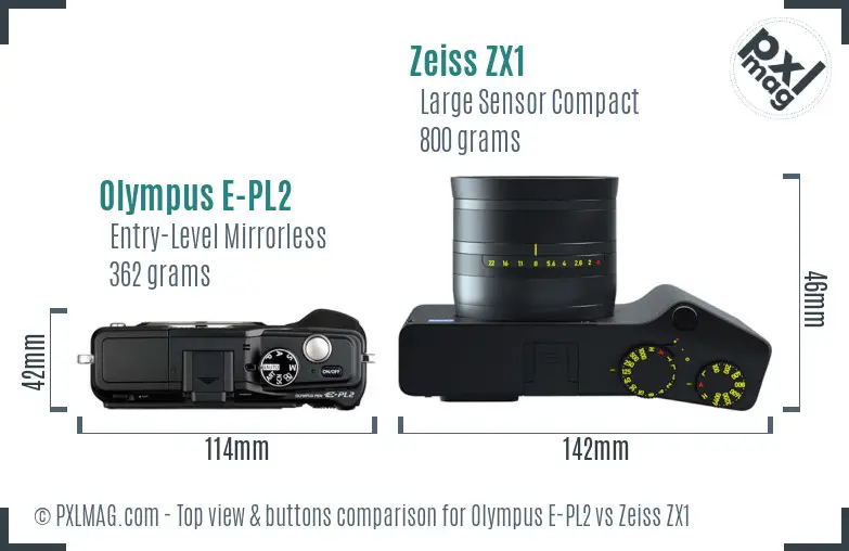 Olympus E-PL2 vs Zeiss ZX1 top view buttons comparison