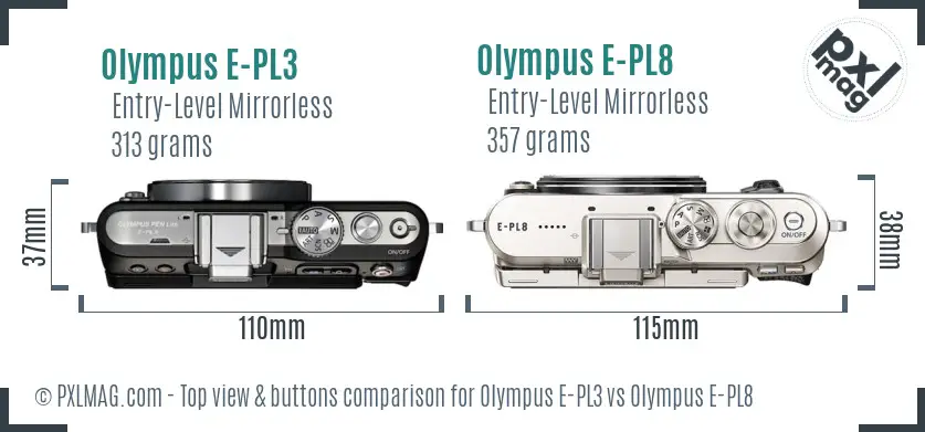 Olympus E-PL3 vs Olympus E-PL8 top view buttons comparison
