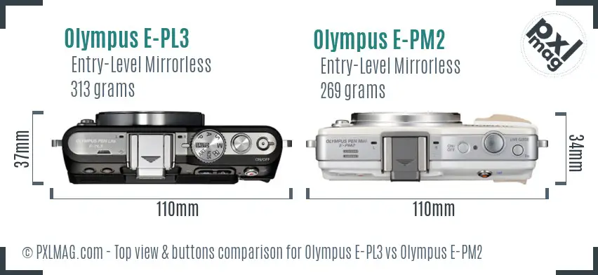 Olympus E-PL3 vs Olympus E-PM2 top view buttons comparison