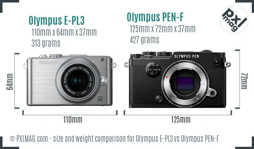 Olympus E-PL3 vs Olympus PEN-F size comparison