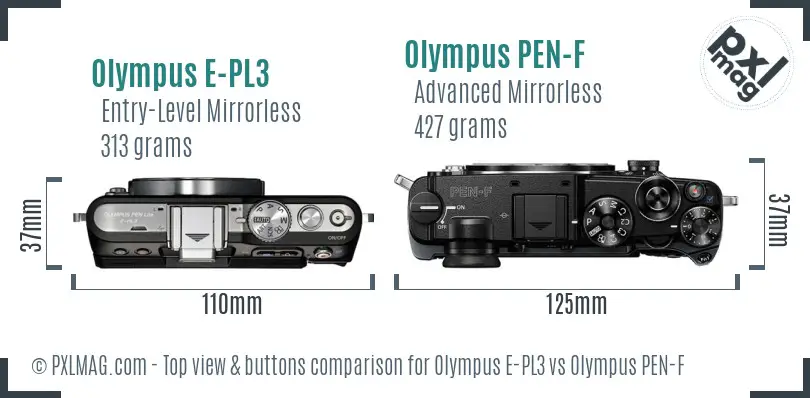 Olympus E-PL3 vs Olympus PEN-F top view buttons comparison