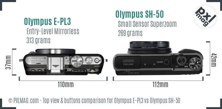 Olympus E-PL3 vs Olympus SH-50 top view buttons comparison
