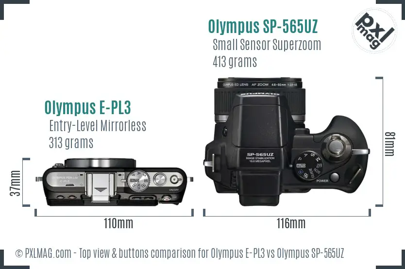 Olympus E-PL3 vs Olympus SP-565UZ top view buttons comparison
