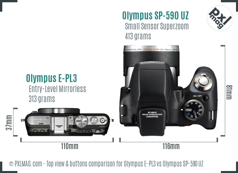 Olympus E-PL3 vs Olympus SP-590 UZ top view buttons comparison