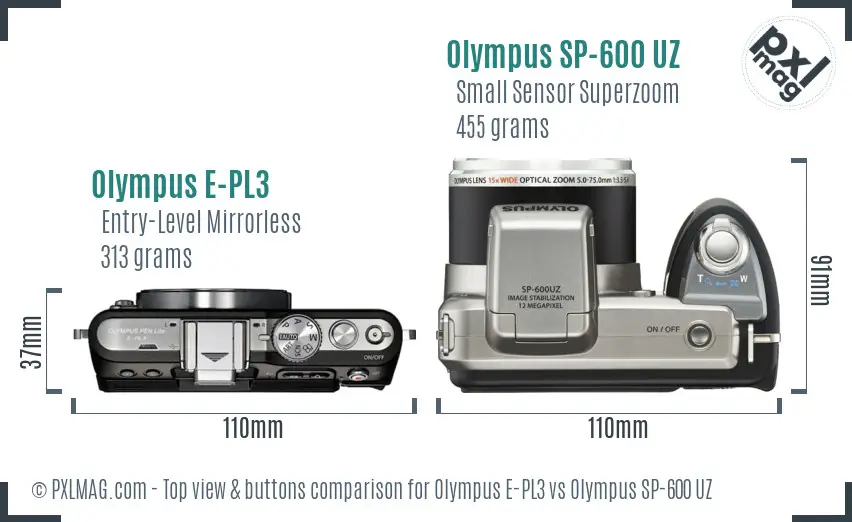 Olympus E-PL3 vs Olympus SP-600 UZ top view buttons comparison