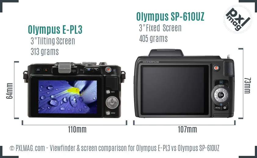 Olympus E-PL3 vs Olympus SP-610UZ Screen and Viewfinder comparison