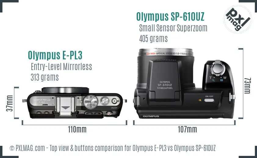 Olympus E-PL3 vs Olympus SP-610UZ top view buttons comparison