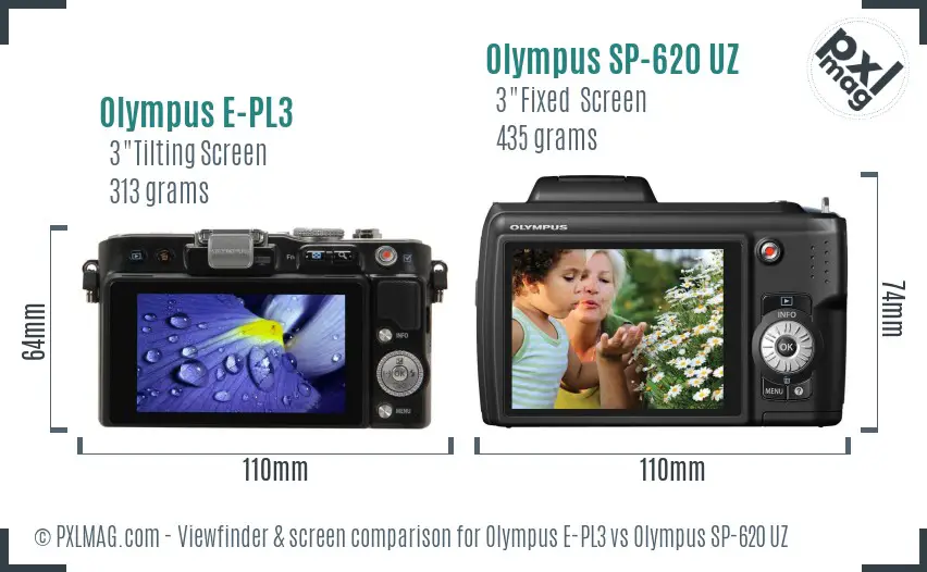 Olympus E-PL3 vs Olympus SP-620 UZ Screen and Viewfinder comparison
