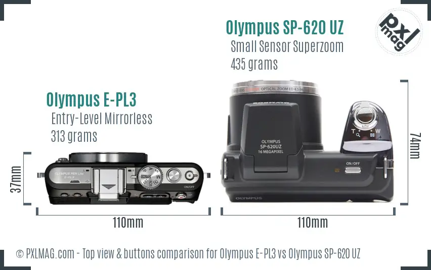 Olympus E-PL3 vs Olympus SP-620 UZ top view buttons comparison