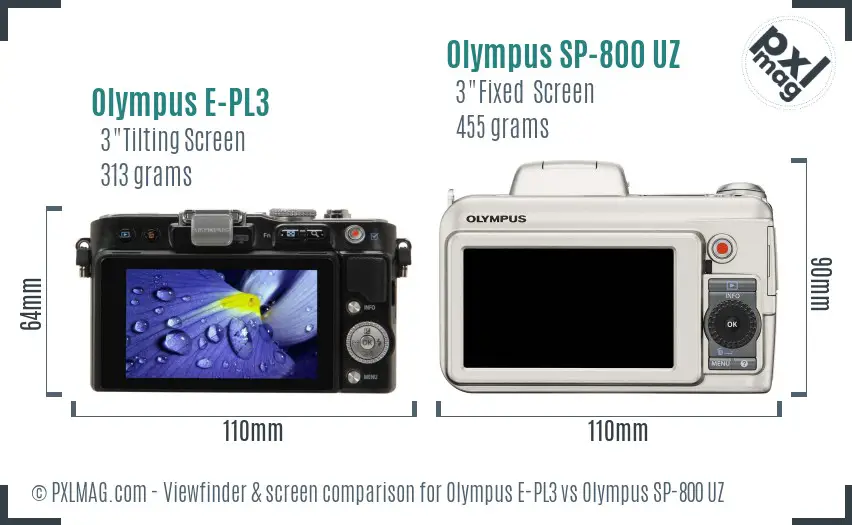 Olympus E-PL3 vs Olympus SP-800 UZ Screen and Viewfinder comparison