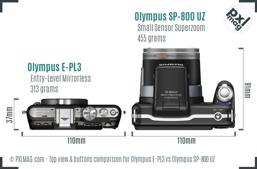Olympus E-PL3 vs Olympus SP-800 UZ top view buttons comparison