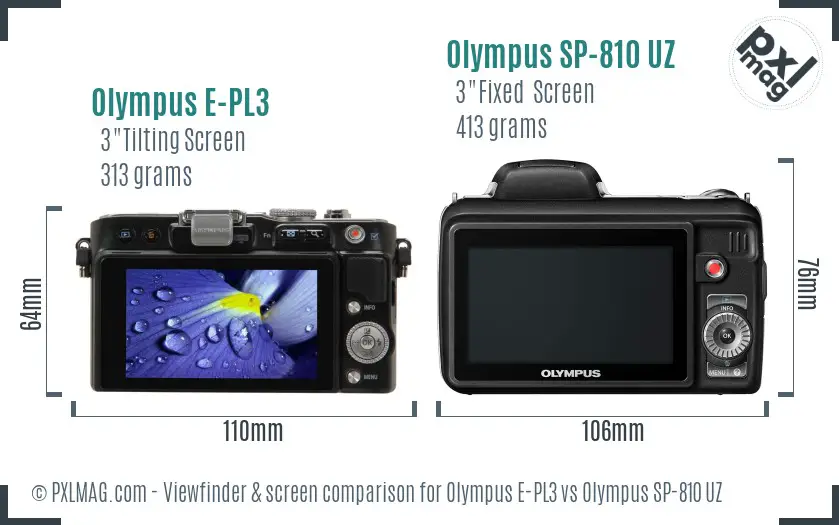 Olympus E-PL3 vs Olympus SP-810 UZ Screen and Viewfinder comparison